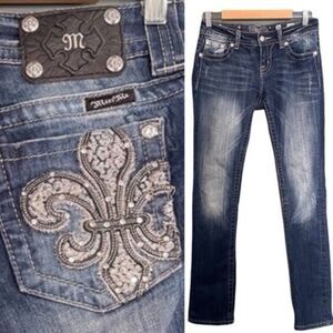 Miss Me Jeans FDL Easy Straight Dark Wash Rhinestone Bling Pockets Size 26 | 2